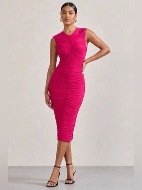 Club L London Alight Fuchsia Ruched Mesh Bodycon Midi Dress Sleeveless US 8 New